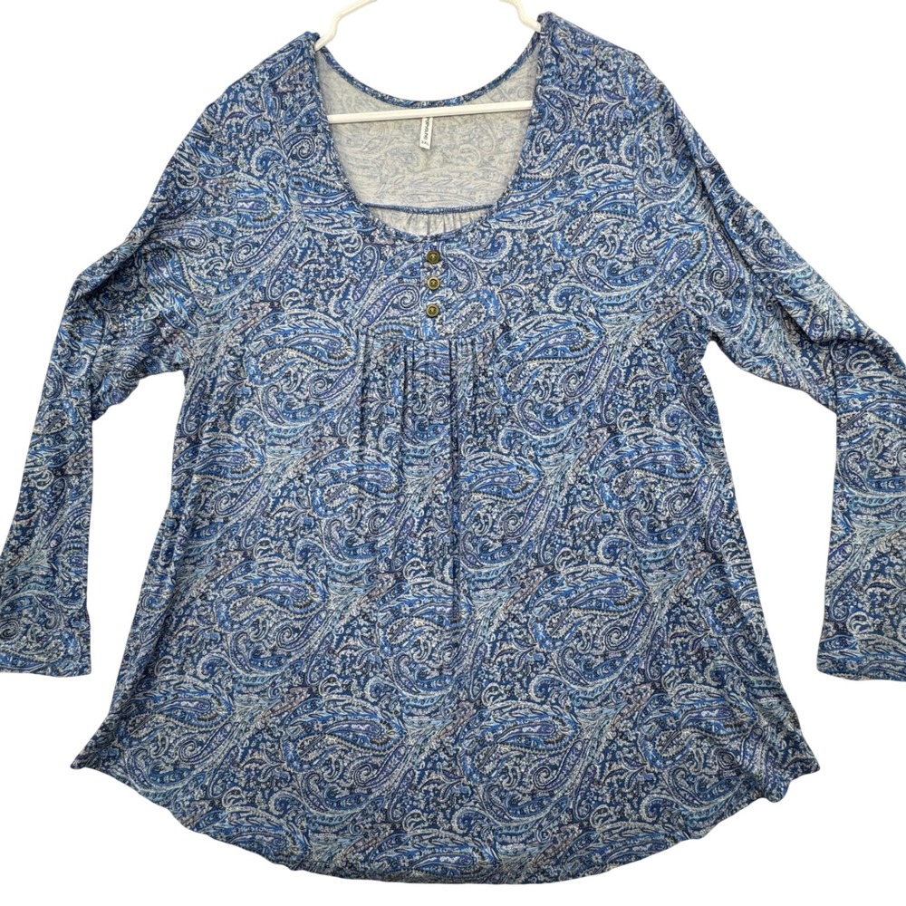 POPYOUNG Top Womens 3XL Blue Paisley Henley Pleated Boho Casual Long Sleeve